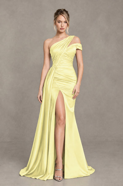 BOLODOO Light Yellow Asymmetric Ruched Formal Evening Dress - Light Yellow - Light Yellow_1