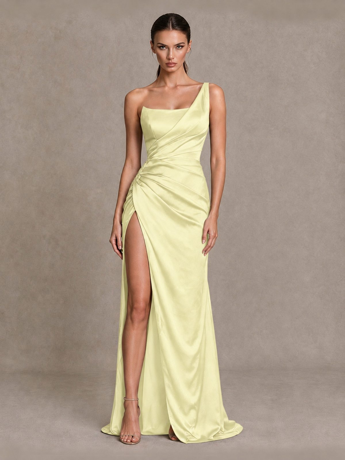 BOLODOO Light Yellow One Shoulder Satin Evening Gown with High Slit and Sweep Train - Light Yellow - Light Yellow_1