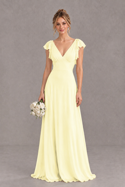 BOLODOO Light Yellow V-Neck Flutter Sleeve A-Line Bridesmaid Dress - Light Yellow - Light Yellow_1