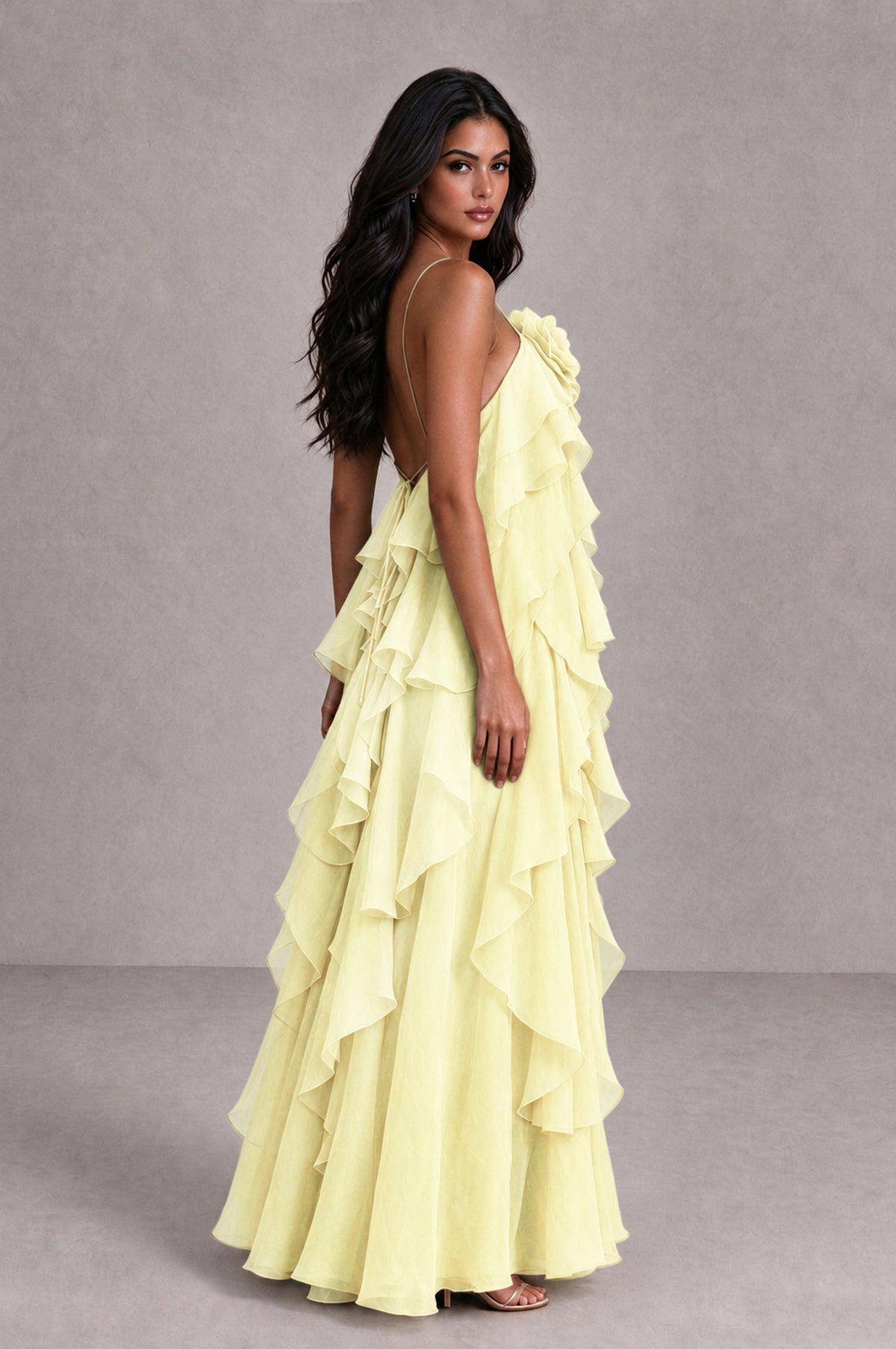 BOLODOO Light Yellow Cascading Ruffle Rosette Open-Back Maxi Dress - Light Yellow - Light_Yellow_1