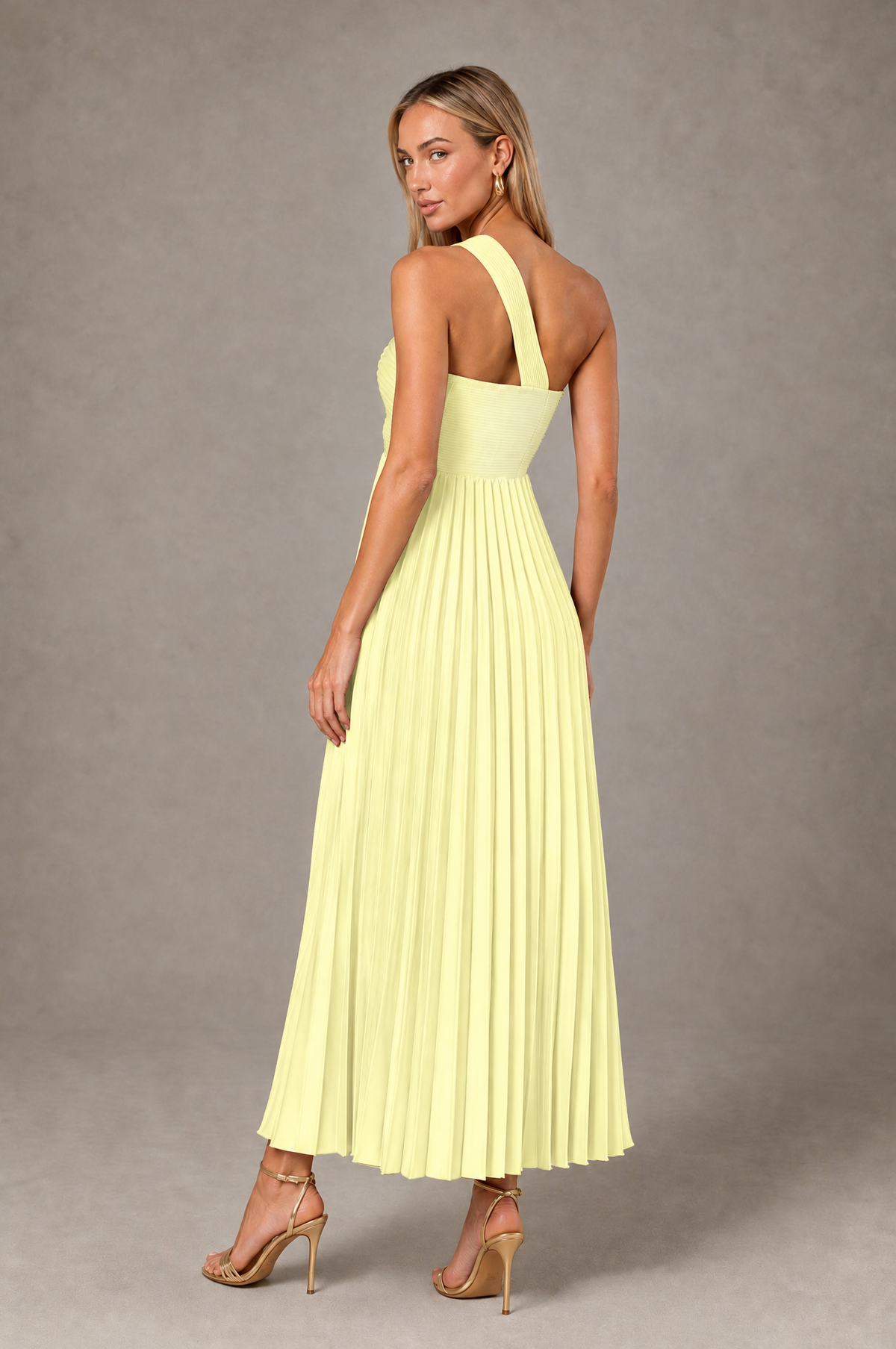 BOLODOO Light Yellow One-Shoulder Twist Knot Pleated Satin Midi Dress with Cutout - Light Yellow - Light_Yellow_2