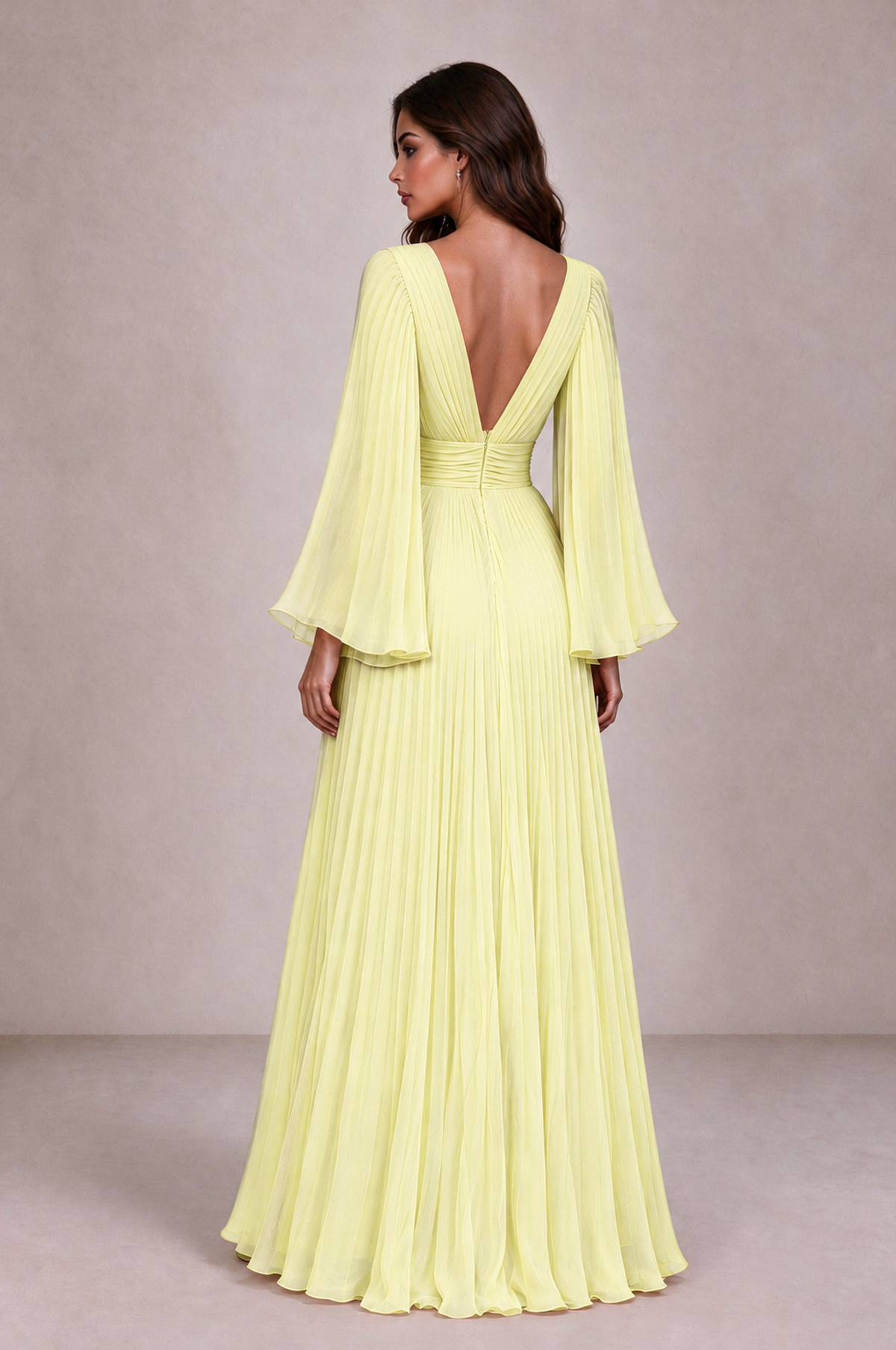 BOLODOO Light Yellow Pleated Deep V-Neck Long Bell Sleeve Evening Dress - Light Yellow - Light_Yellow_2