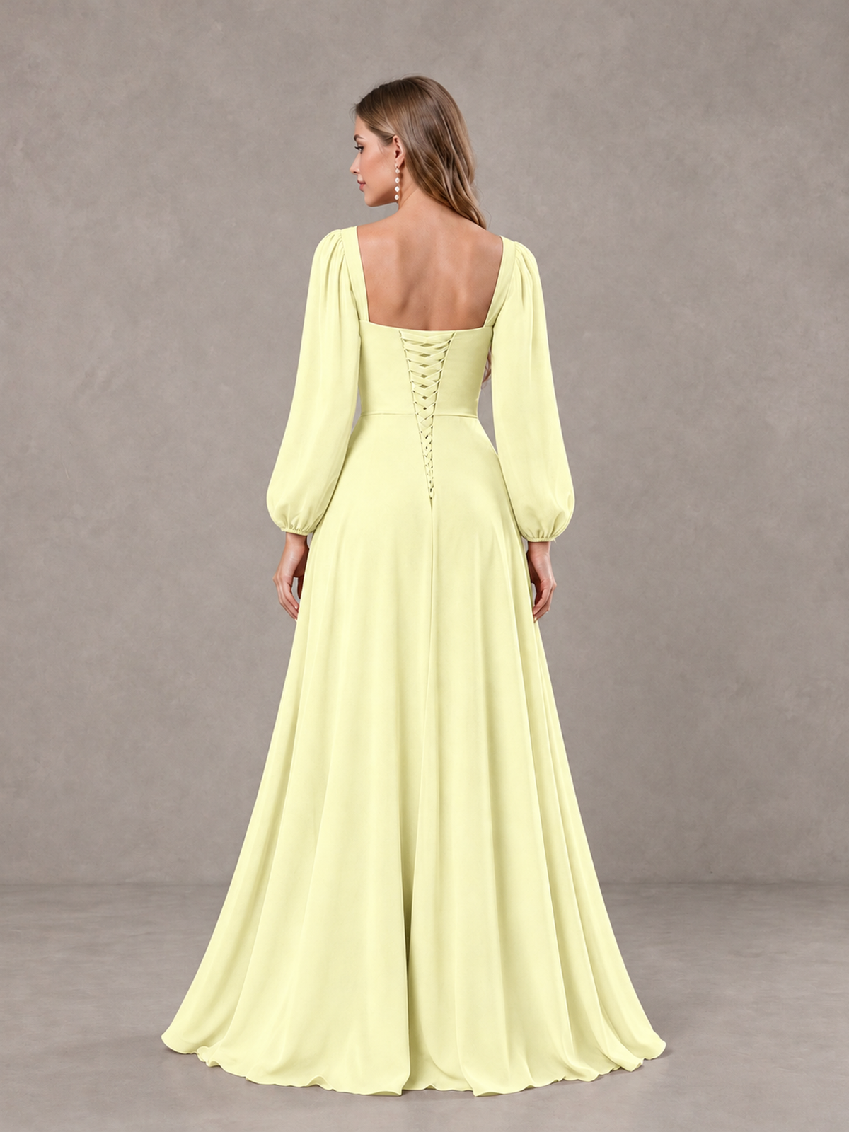 BOLODOO Light Yellow Square Neck Long Sleeve Bridesmaid Dress with Ruffle Slit - Light Yellow - Light Yellow_2