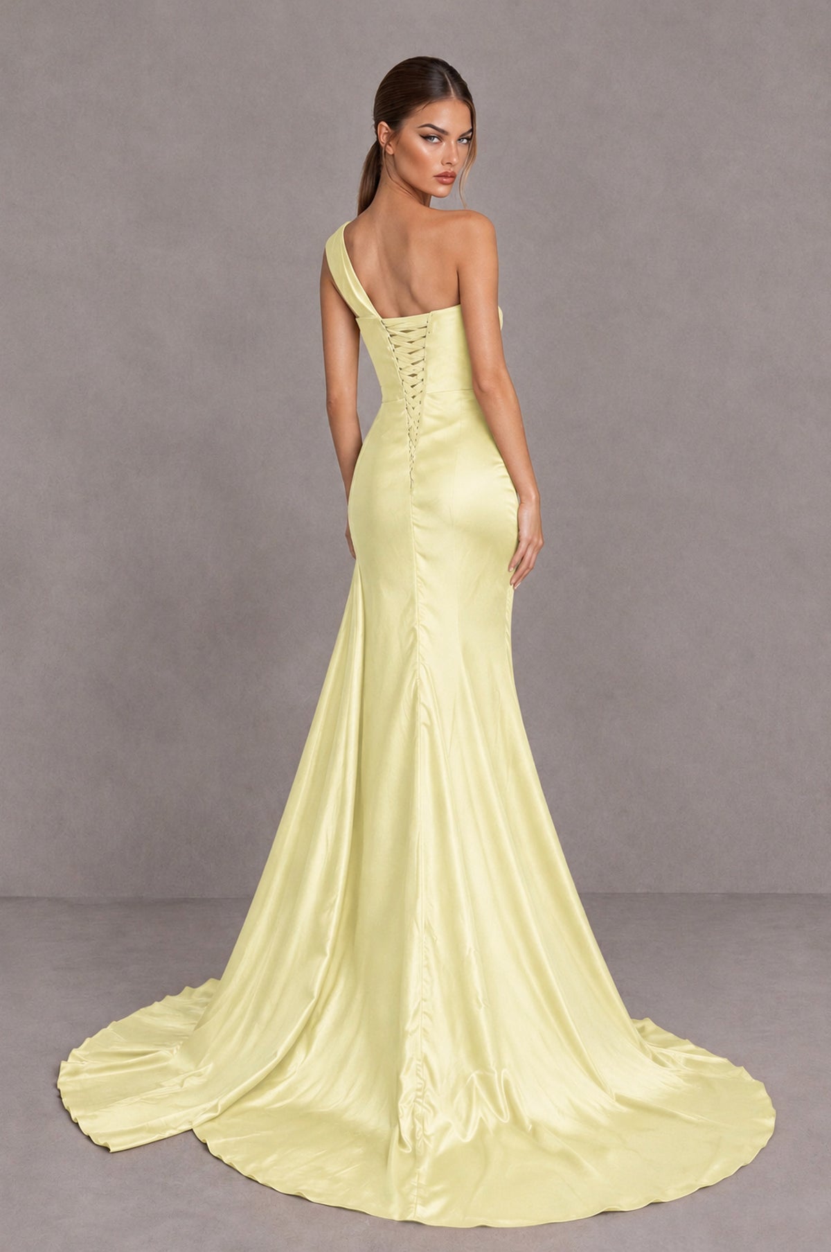 BOLODOO Light Yellow One Shoulder Satin Mermaid Evening Dress with Ruched Slit Skirt - Light Yellow - Light Yellow_2