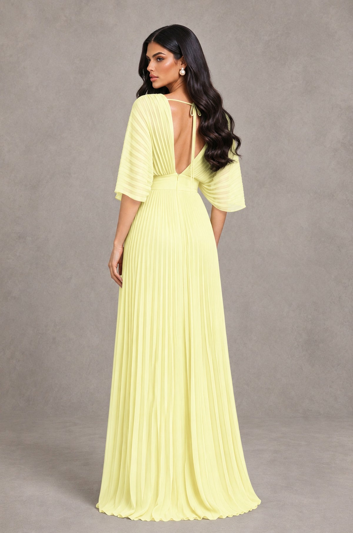 BOLODOO Light Yellow V-Neck Pleated Flutter Sleeve Formal Dress - Light Yellow - Light Yellow_2