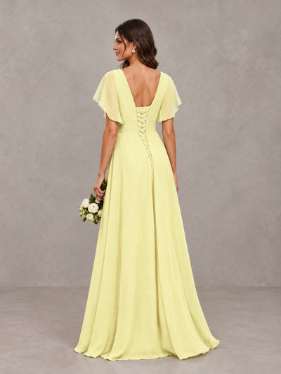 BOLODOO Light Yellow Flutter Sleeve V-Neck Bridesmaid Dress with Ruffle Slit - Light Yellow - Light Yellow_2