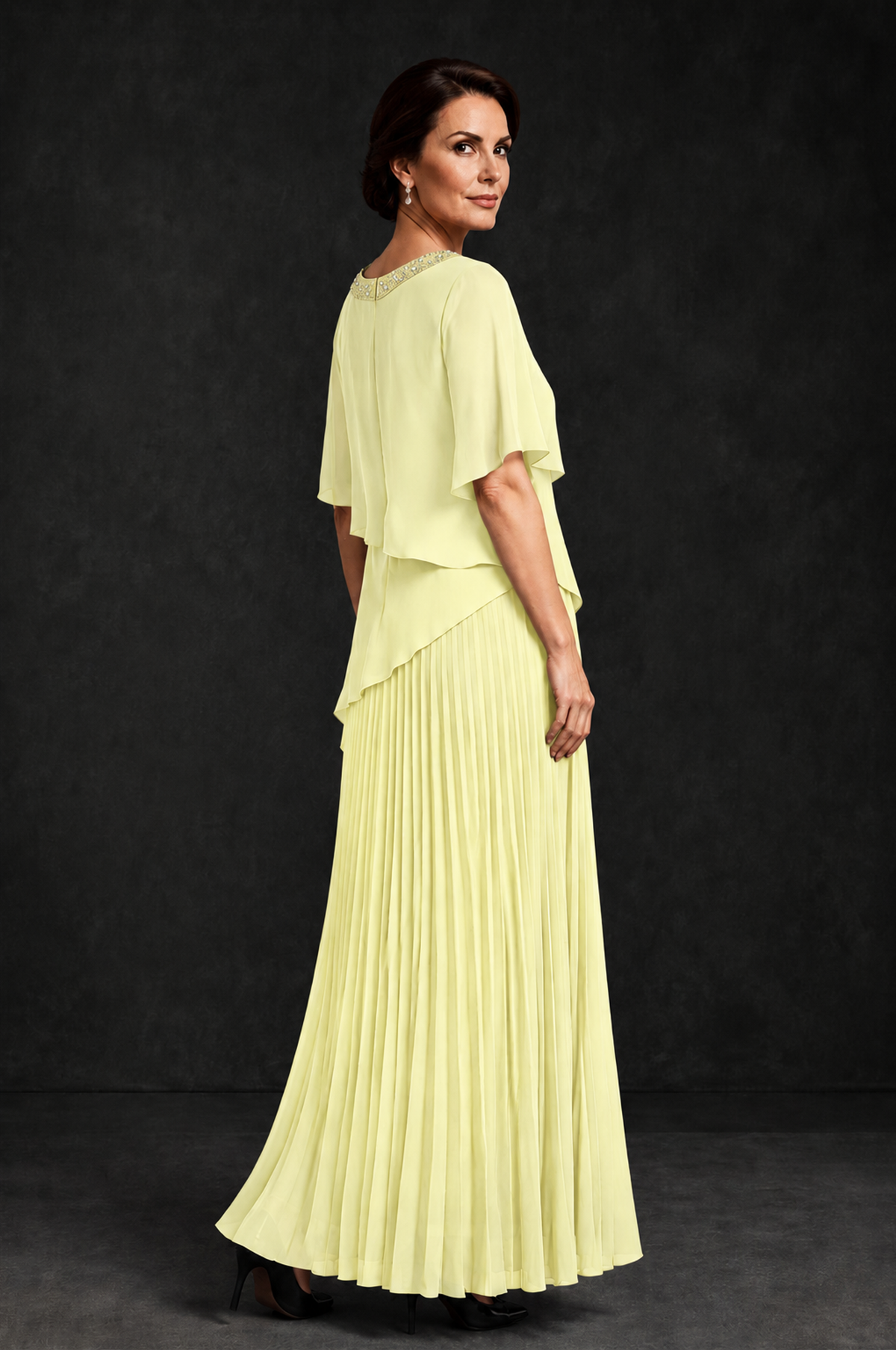 BOLODOO Light Yellow Pearl Beaded Neck Asymmetric Tiered Flutter Sleeve Pleated Chiffon Maxi Dress - Light Yellow - Light_Yellow_2