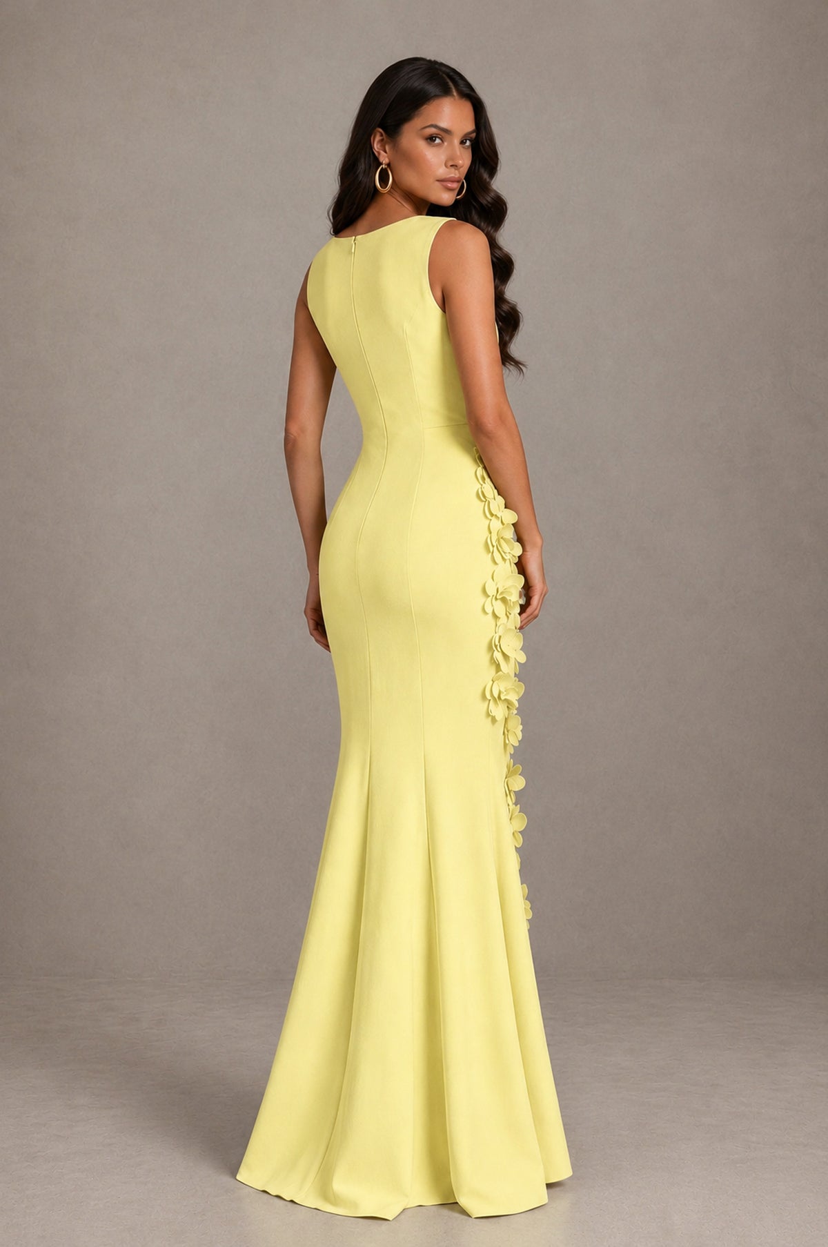 BOLODOO Light Yellow Bateau Neck Sleeveless Asymmetric Peplum 3D Petal Appliqué Mermaid Gown BD0421 - Light Yellow - Light Yellow_2
