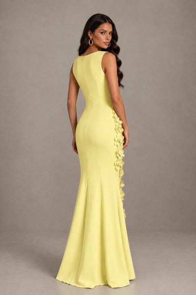 BOLODOO Light Yellow Bateau Neck Sleeveless Asymmetric Peplum 3D Petal Appliqué Mermaid Gown BD0421 - Light Yellow - Light Yellow_2