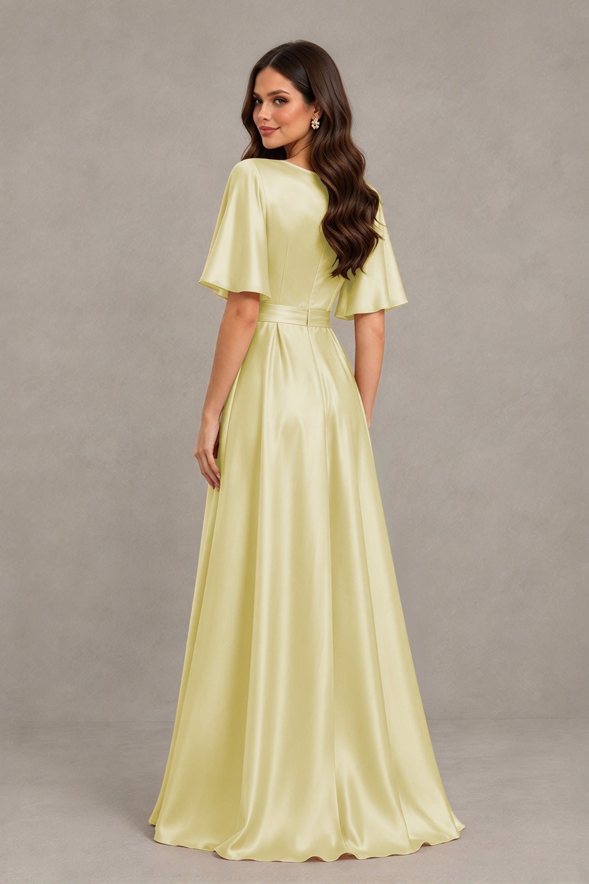 BOLODOO Light Yellow Satin V-Neck Flutter Sleeve Bridesmaid Dress with Slit - Light Yellow - Light Yellow(2)