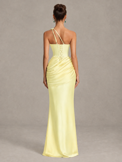 BOLODOO Light Yellow One-Shoulder Cutout Satin Mermaid Prom Dress - Light Yellow - Light Yellow_2