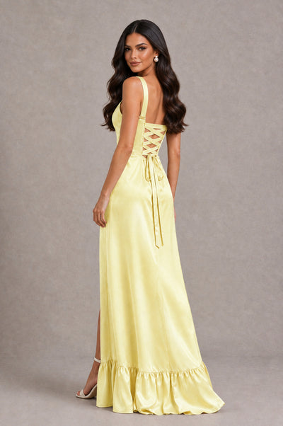 BOLODOO Light Yellow Square Neck Satin Evening Dress with Lace-Up Back and High Slit - Light Yellow - Light Yellow_2
