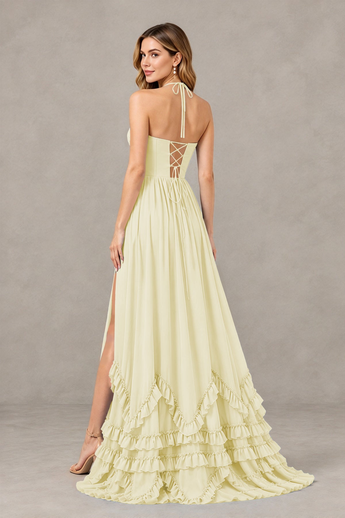 BOLODOO Light Yellow Halter Ruffle Hem A-Line Bridesmaid Dress with High Slit - Light Yellow - Light Yellow(2)
