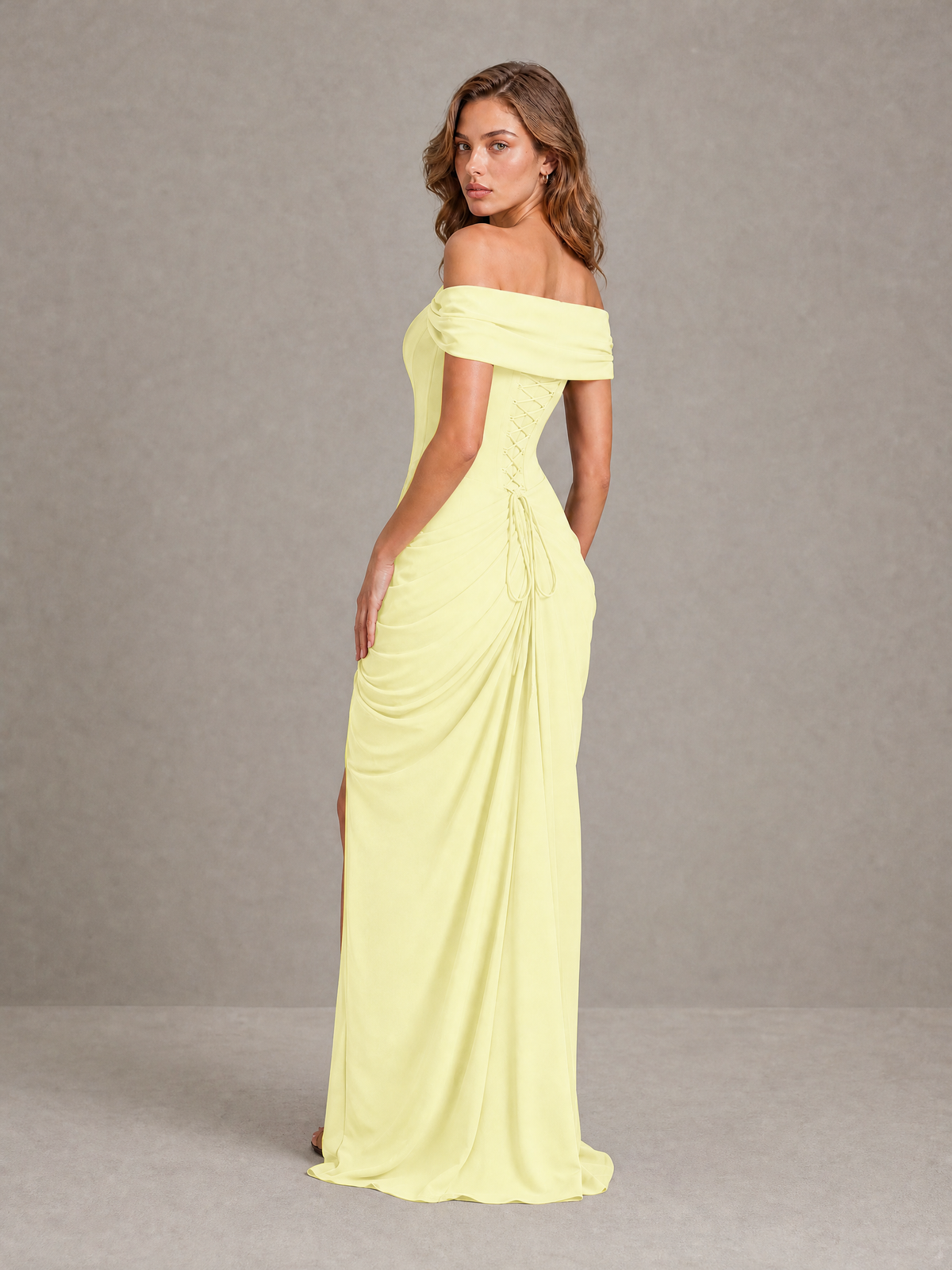 BOLODOO Light Yellow Off-Shoulder Ruched Corset Wedding Guest Dress with Slit - Light Yellow - Light_Yellow_2