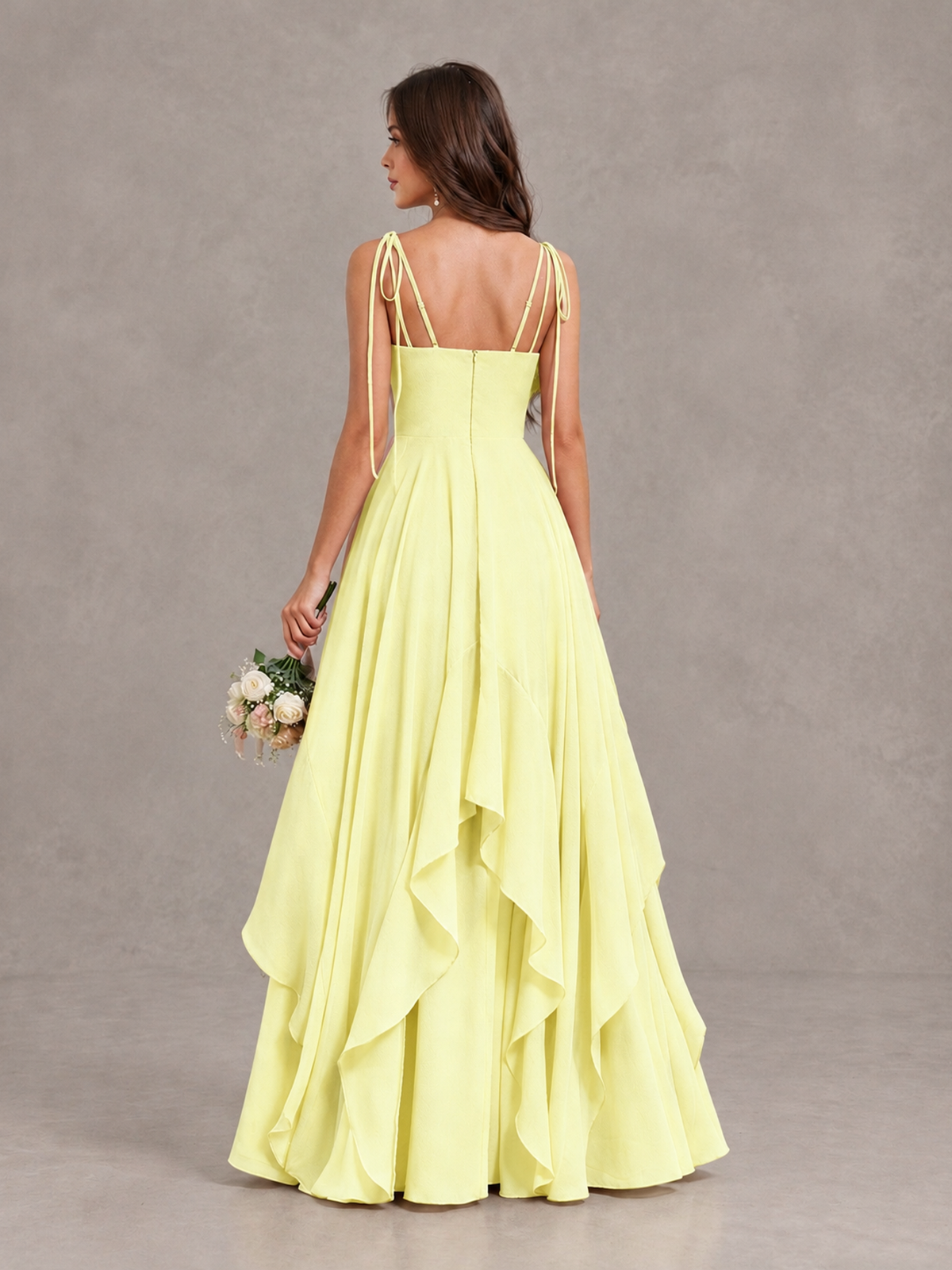 BOLODOO Light Yellow Tie-Strap Ruffle A-Line Bridesmaid Dress - Light Yellow - Light Yellow_2