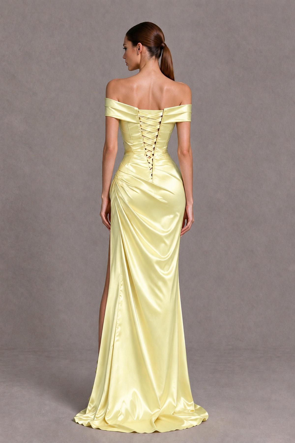 BOLODOO Light Yellow Off-the-Shoulder Ruched Satin Prom & Evening Dress with High Slit - Light Yellow - Light Yellow_2