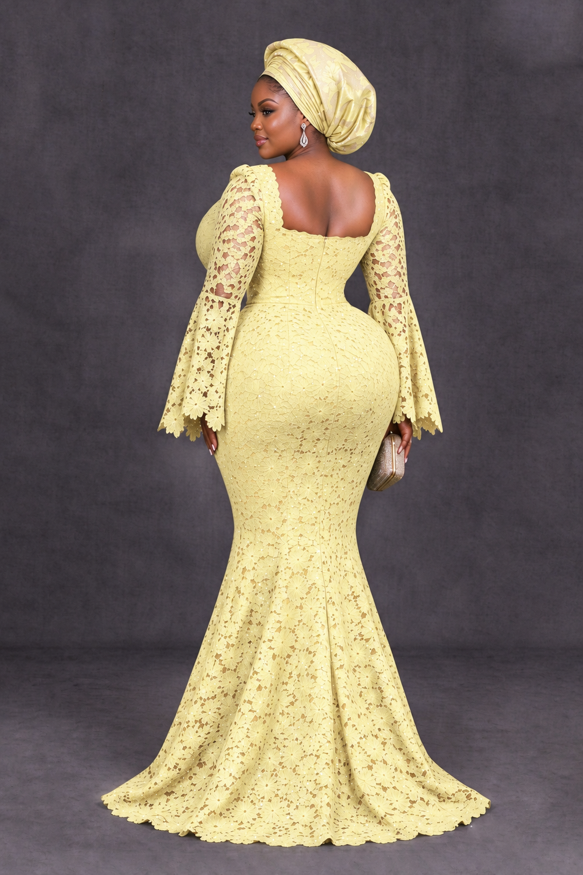 BOLODOO Light Yellow African Lace Mermaid Dress, Plus Size Nigerian Wedding Guest Gown with Bell Sleeves - Light Yellow - Light Yellow_2