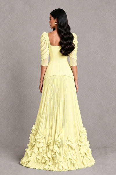 BOLODOO Light Yellow Square Neck Pleated Floral Applique Evening Dress - Light Yellow - Light Yellow_2