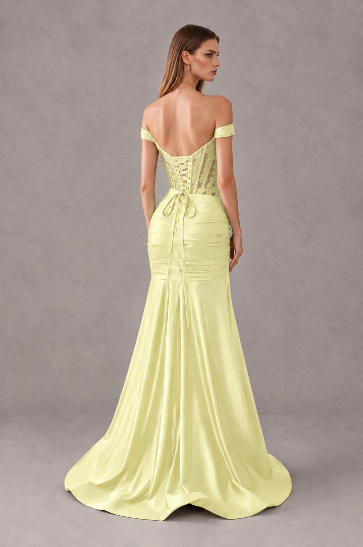 BOLODOO Light Yellow Off-Shoulder Corset Mermaid Prom Dress with Slit Sequin Lace Evening Gown - Light Yellow - Light Yellow_2