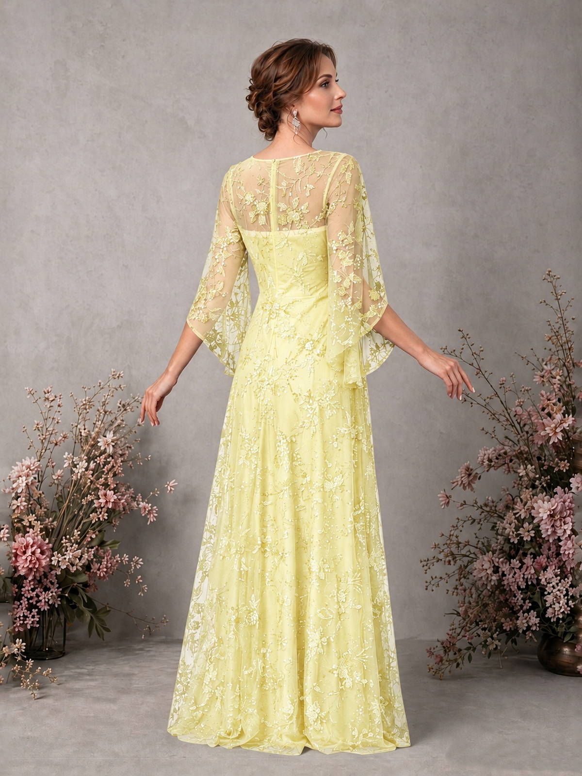 BOLODOO Light Yellow Sequin Lace Cape Sleeve Formal Evening Gown - Light Yellow - Light Yellow_2