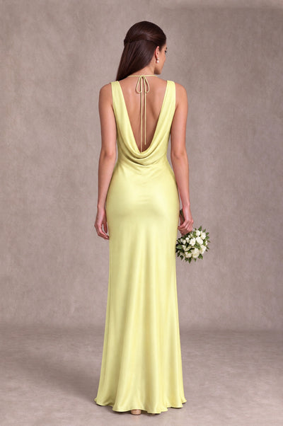 BOLODOO Light Yellow Cowl Neck Open Back Satin Bridesmaid Dress - Light Yellow - Light Yellow_2