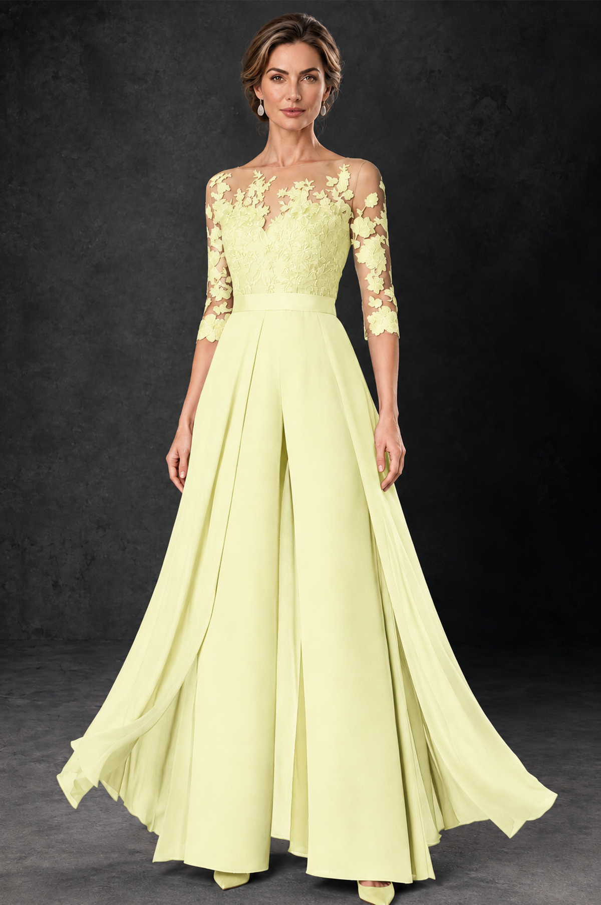 BOLODOO Light Yellow Lace Wide-Leg Jumpsuit with Three-Quarter Sleeves - Light Yellow - Light_Yellow_2