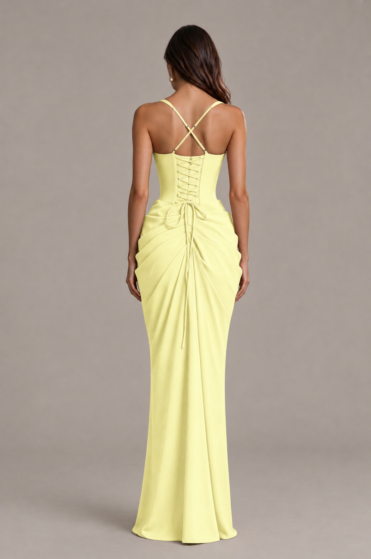 BOLODOO Light Yellow Sweetheart Ruched Lace-Up Back Evening Gown - Light Yellow - Light_Yellow_2