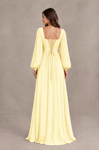 BOLODOO Light Yellow Long Sleeve V-Neck A-Line Bridesmaid Dress - Light Yellow - Light Yellow_2