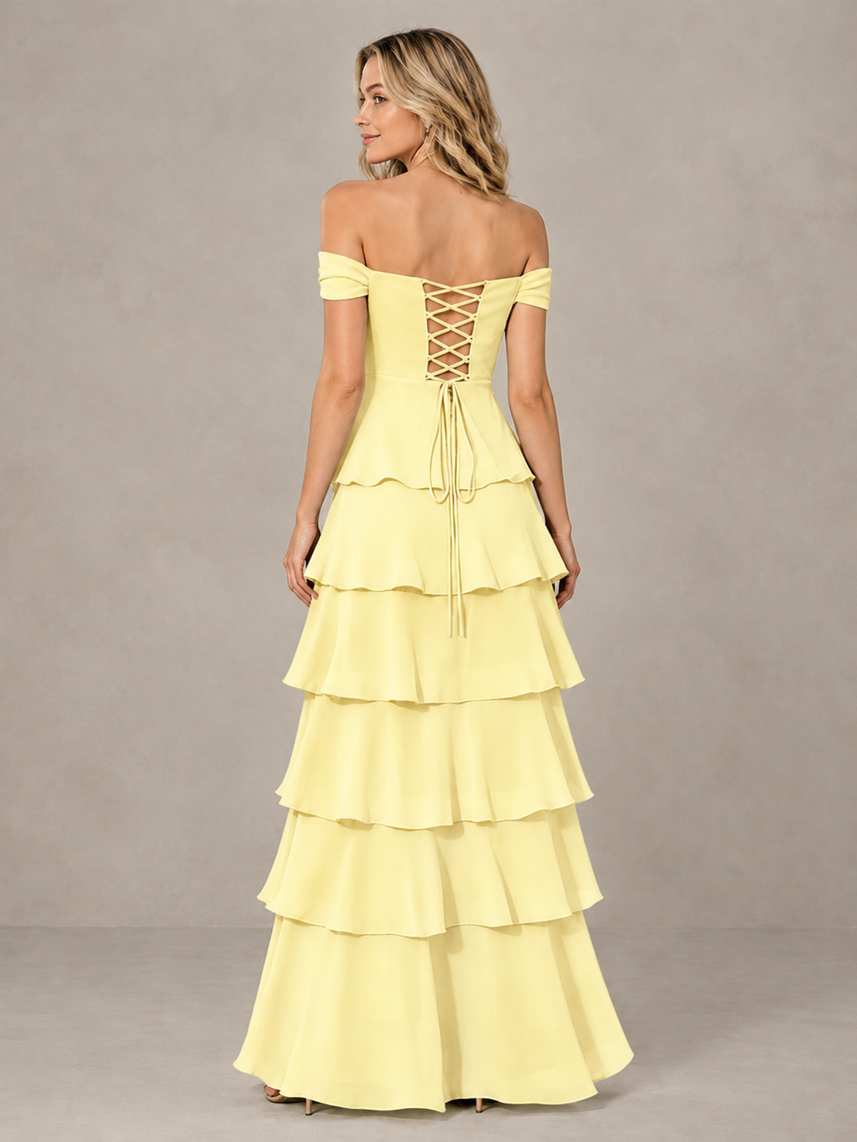 BOLODOO Light Yellow Off-Shoulder Tiered Ruffle Bridesmaid Dress with Lace-Up Back - Light Yellow - Light Yellow_2