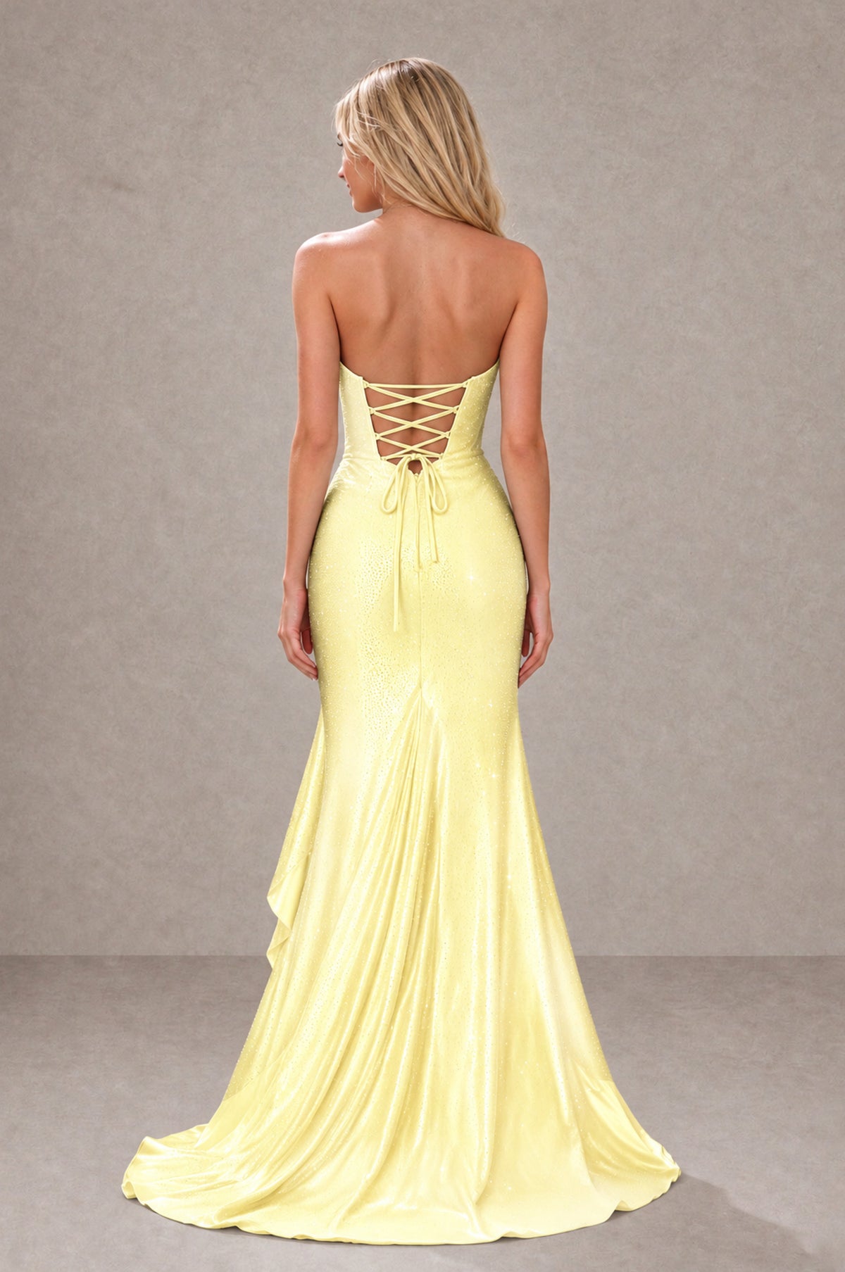 BOLODOO Light Yellow Strapless Corset Mermaid Prom Dress with Ruffle Slit - Light Yellow - Light Yellow_2
