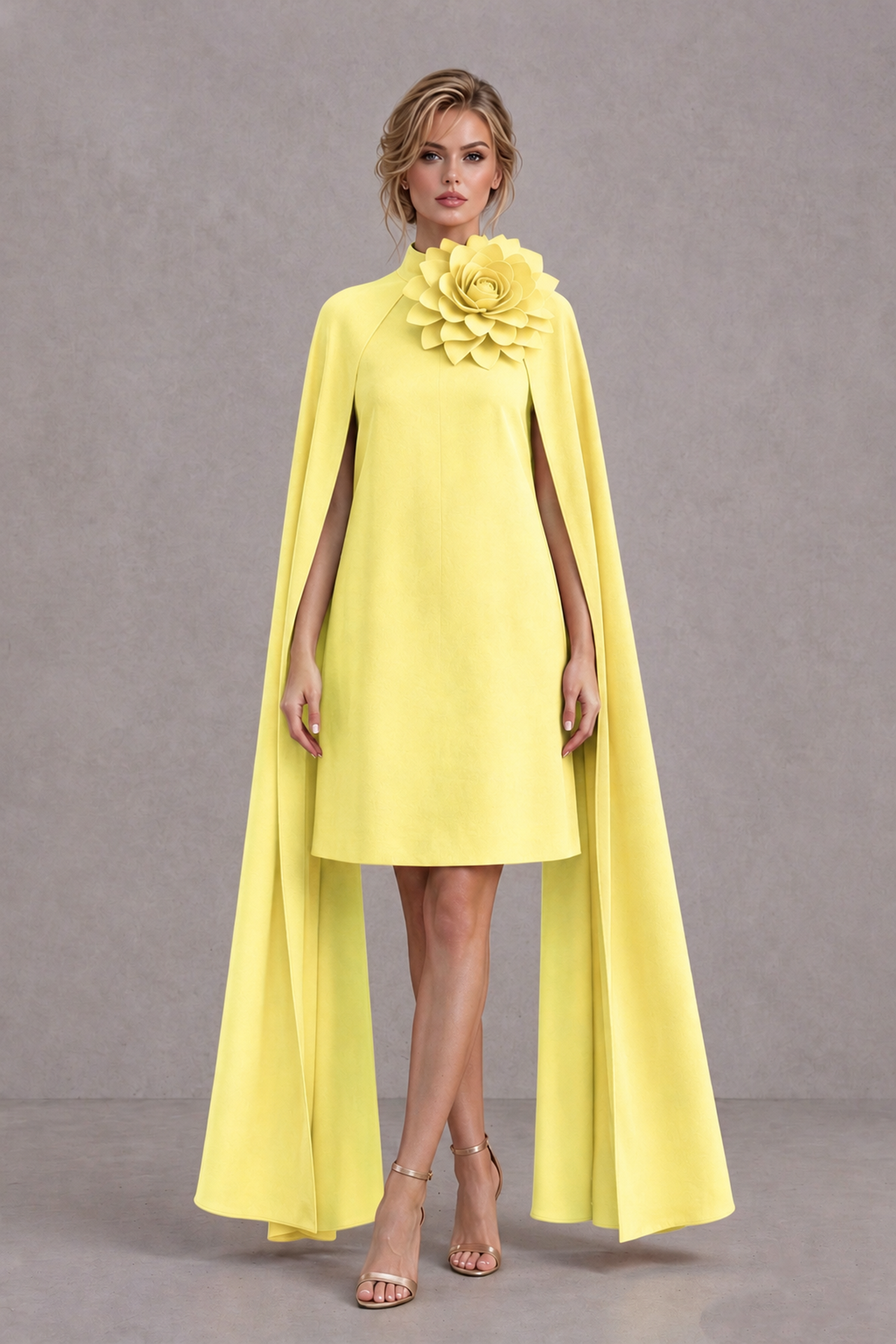 BOLODOO Light Yellow High Neck Floral Cape Mini Cocktail Dress - Light Yellow - Light Yellow_2