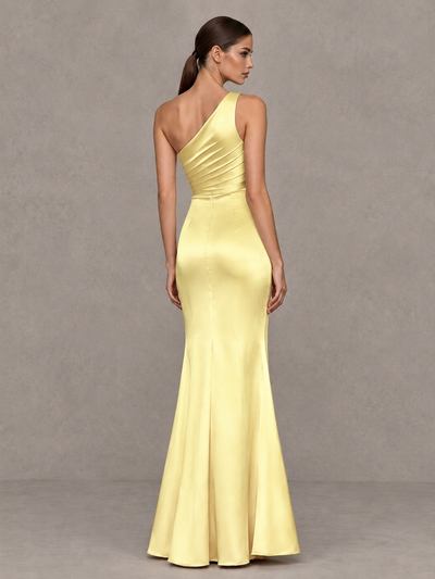 BOLODOO Light Yellow One-Shoulder Ruched Satin-Look Evening Gown with High Slit - Light Yellow - Light Yellow_2