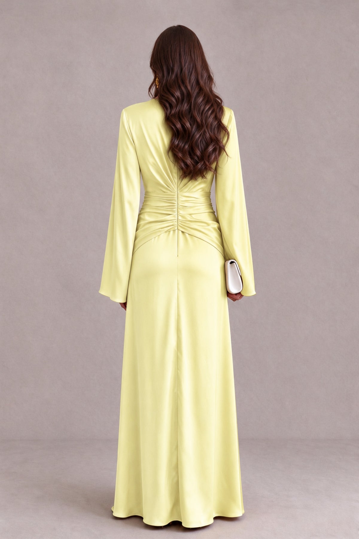 BOLODOO Light Yellow Yellow Satin-Look V-Neck Long Bell Sleeve Evening Dress - Light Yellow - Light_Yellow_2