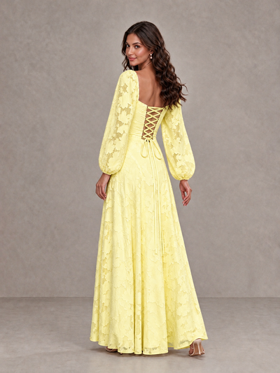 BOLODOO Light Yellow Floral Long Sleeve A-Line Bridesmaid Dress - Light Yellow - Light Yellow_2