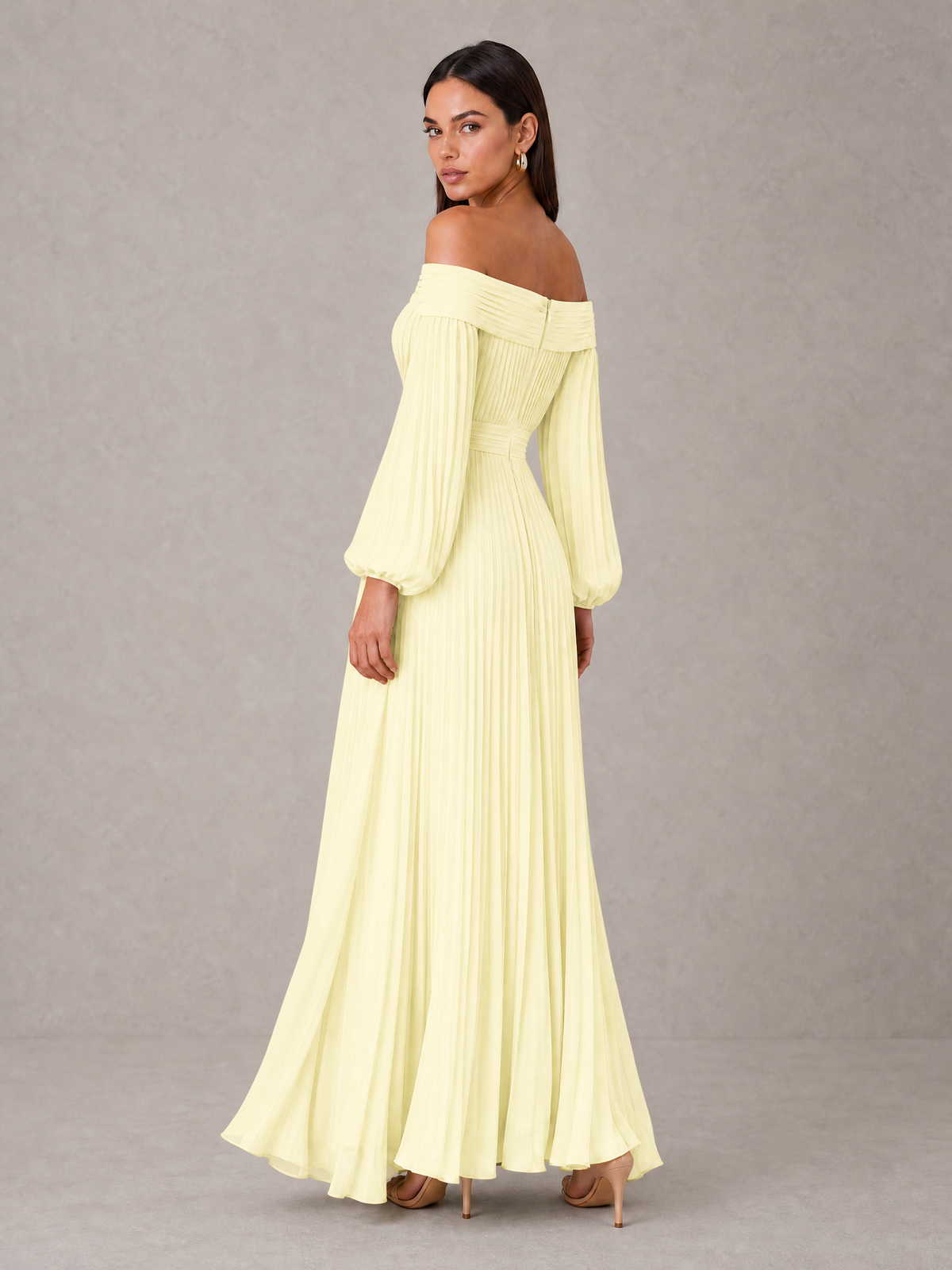 BOLODOO Light Yellow Off-Shoulder Long Sleeve Pleated High-Low Dress - Light Yellow - Light_Yellow_2