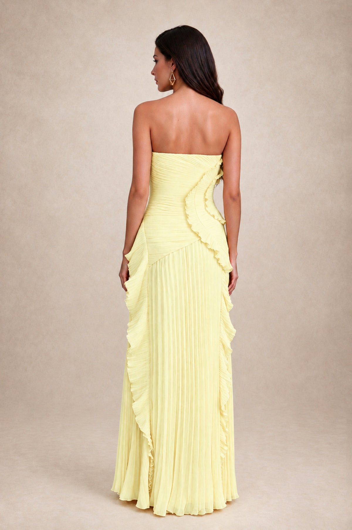 BOLODOO Light Yellow Strapless Ruffle Pleated Slit Evening Gown - Light Yellow - Light Yellow_2