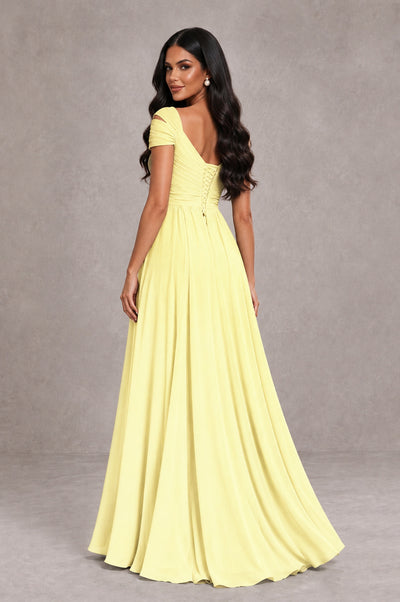 BOLODOO Light Yellow Cold Shoulder Chiffon Evening Dress with V Neck and High Slit - Light Yellow - Light Yellow_2