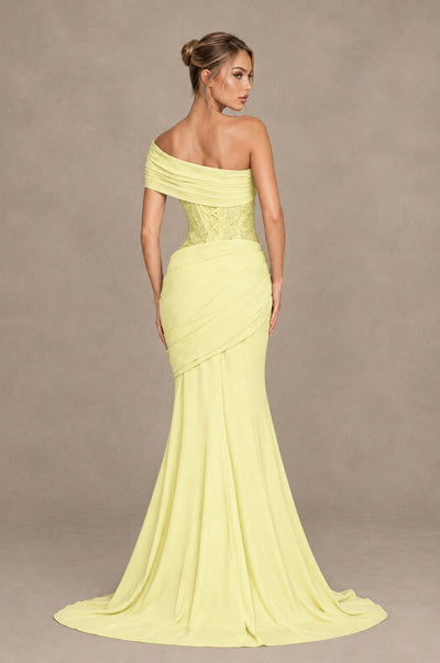 BOLODOO Light Yellow One-Shoulder Sequin Embroidered Ruched Mermaid Gown with Train - Light Yellow - Light Yellow_2
