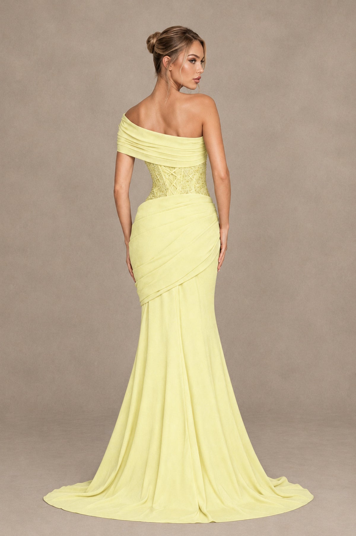 BOLODOO Light Yellow One-Shoulder Sequin Embroidered Ruched Mermaid Gown with Train - Light Yellow - Light Yellow_2