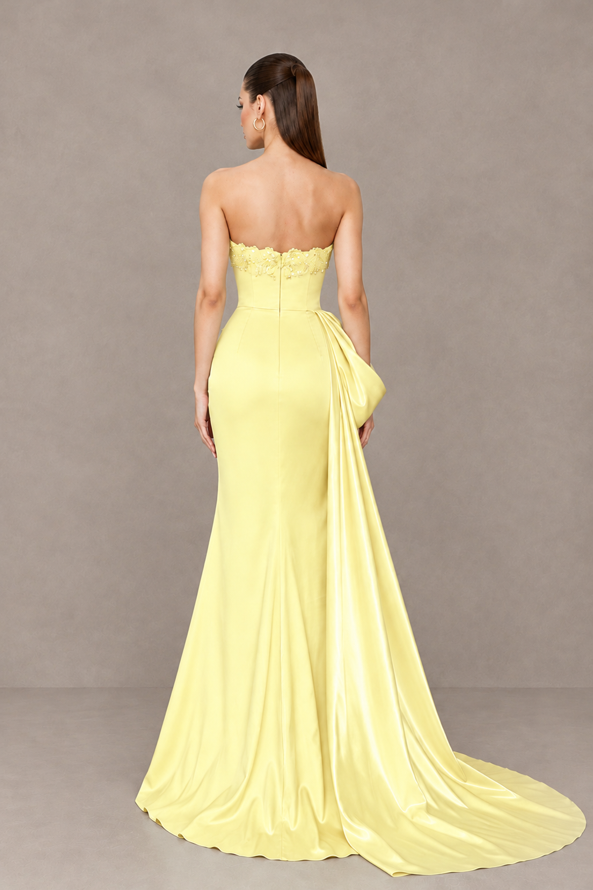 BOLODOO Light Yellow Strapless Satin Prom Dress with Draped Side Train - Light Yellow - Light_Yellow_2