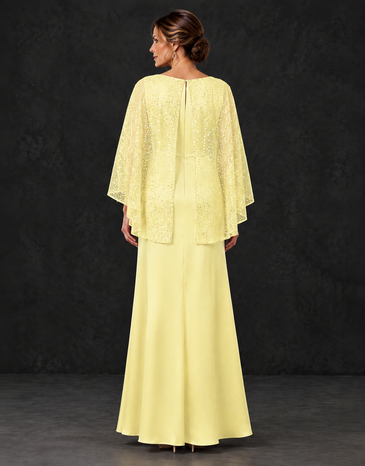 BOLODOO Light Yellow Sparkle Cape Sleeve Mother of the Bride Dress - Light Yellow - Light_Yellow_2