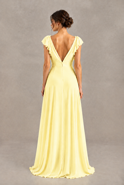 BOLODOO Light Yellow V-Neck Flutter Sleeve A-Line Bridesmaid Dress - Light Yellow - Light Yellow_2