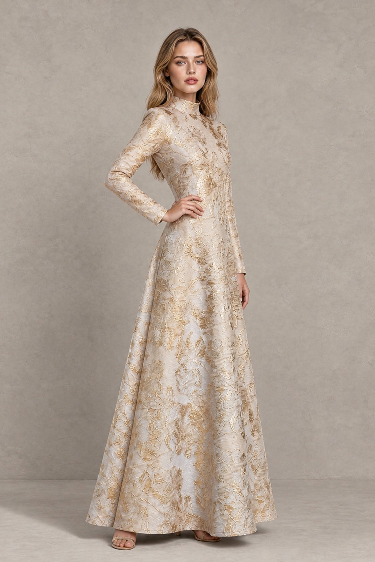 BOLODOO Light Yellow Floral Jacquard Long Sleeve Evening Gown - Light Yellow