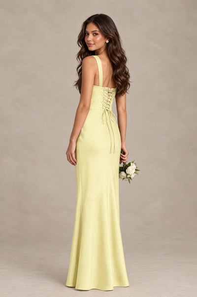 BOLODOO Light Yellow Square Neck Ruched Satin Lace-Up Bridesmaid Dress - Light Yellow - Light Yellow_2