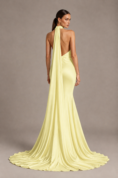 BOLODOO Light Yellow One-Shoulder Satin Mermaid Evening Dress with Scarf - Light Yellow - Light Yellow_2
