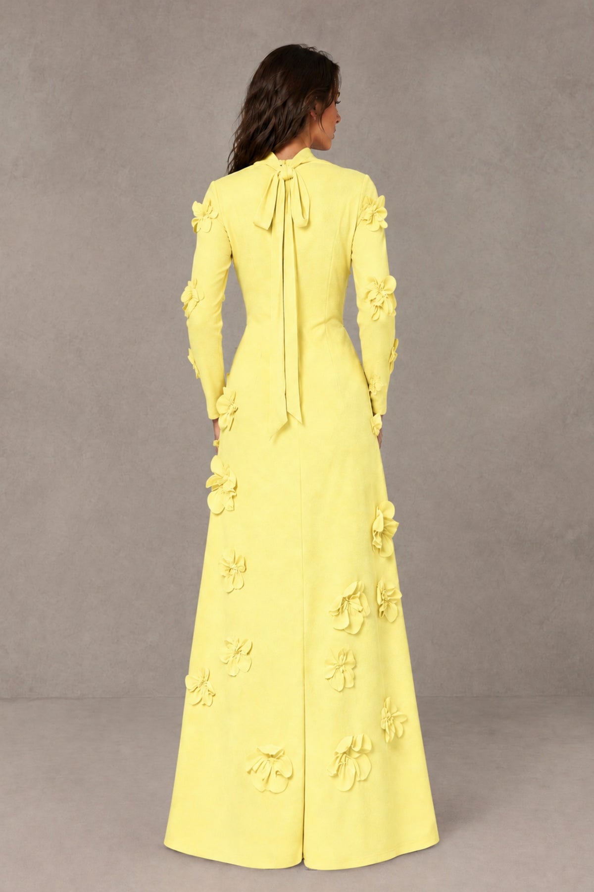 BOLODOO Light Yellow High Neck Long Sleeve 3D Floral Evening Gown - Light Yellow