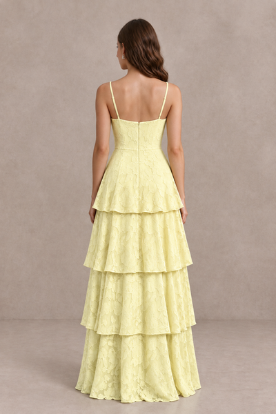 BOLODOO Light Yellow Tiered Floral-Textured Spaghetti Strap Maxi Dress - Light Yellow - Light Yellow_2