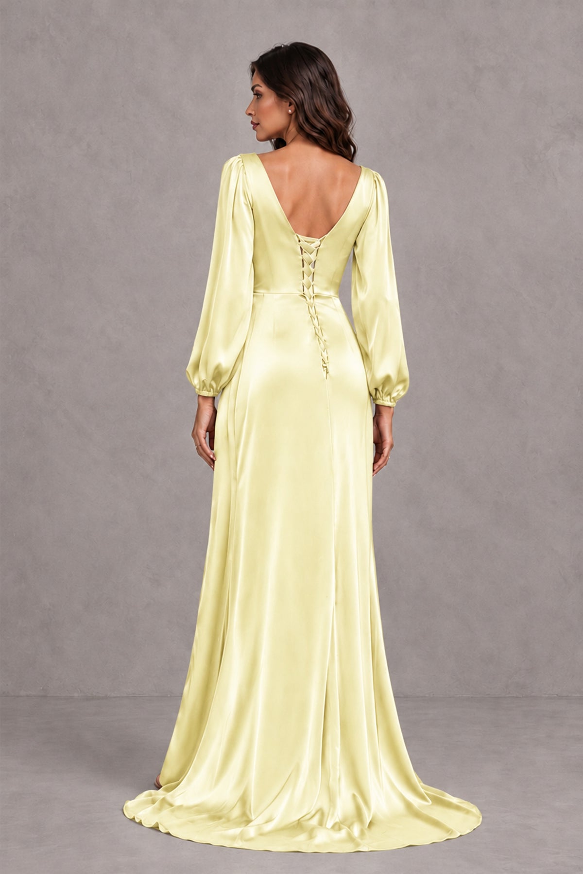 BOLODOO Light Yellow Satin-Look Long Sleeve Evening Dress with High Slit - Light Yellow - Light Yellow_2