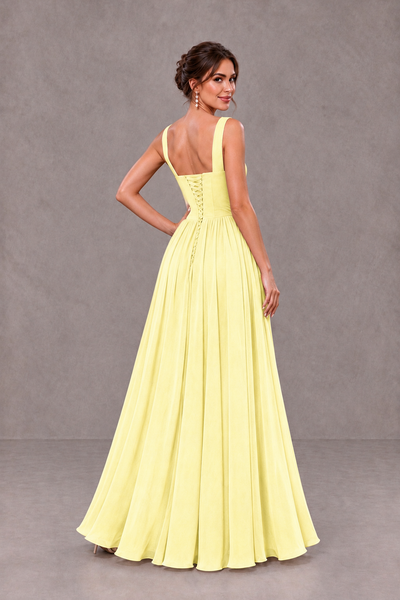 BOLODOO Light Yellow Square Neck A-Line Bridesmaid Dress with Slit - Light Yellow - Light Yellow_2