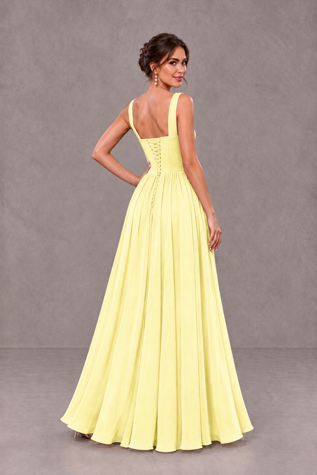 BOLODOO Light Yellow Square Neck A-Line Bridesmaid Dress with Slit - Light Yellow - Light Yellow_2